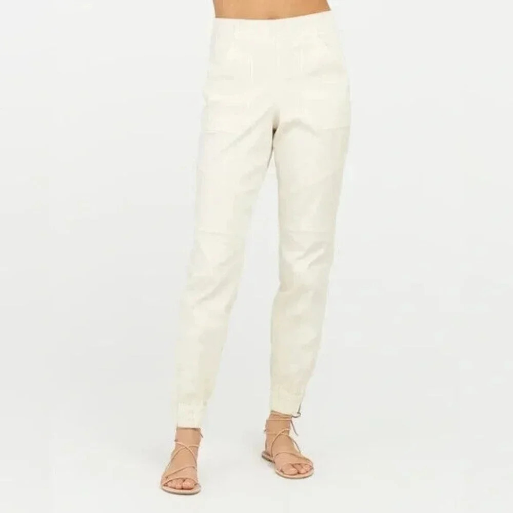 Spanx Stretch Twill Cargo Jogger Pant Size Large Beige Slimming Utility Minimal